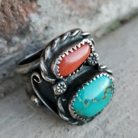 Native American Jewelry - Vintage Native American Sterling Silver Turquoise Coral Ring Sz 9